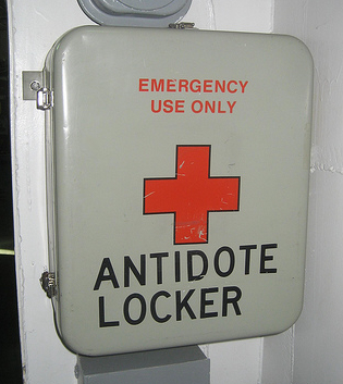 Metal first aid kit mounted on the wall