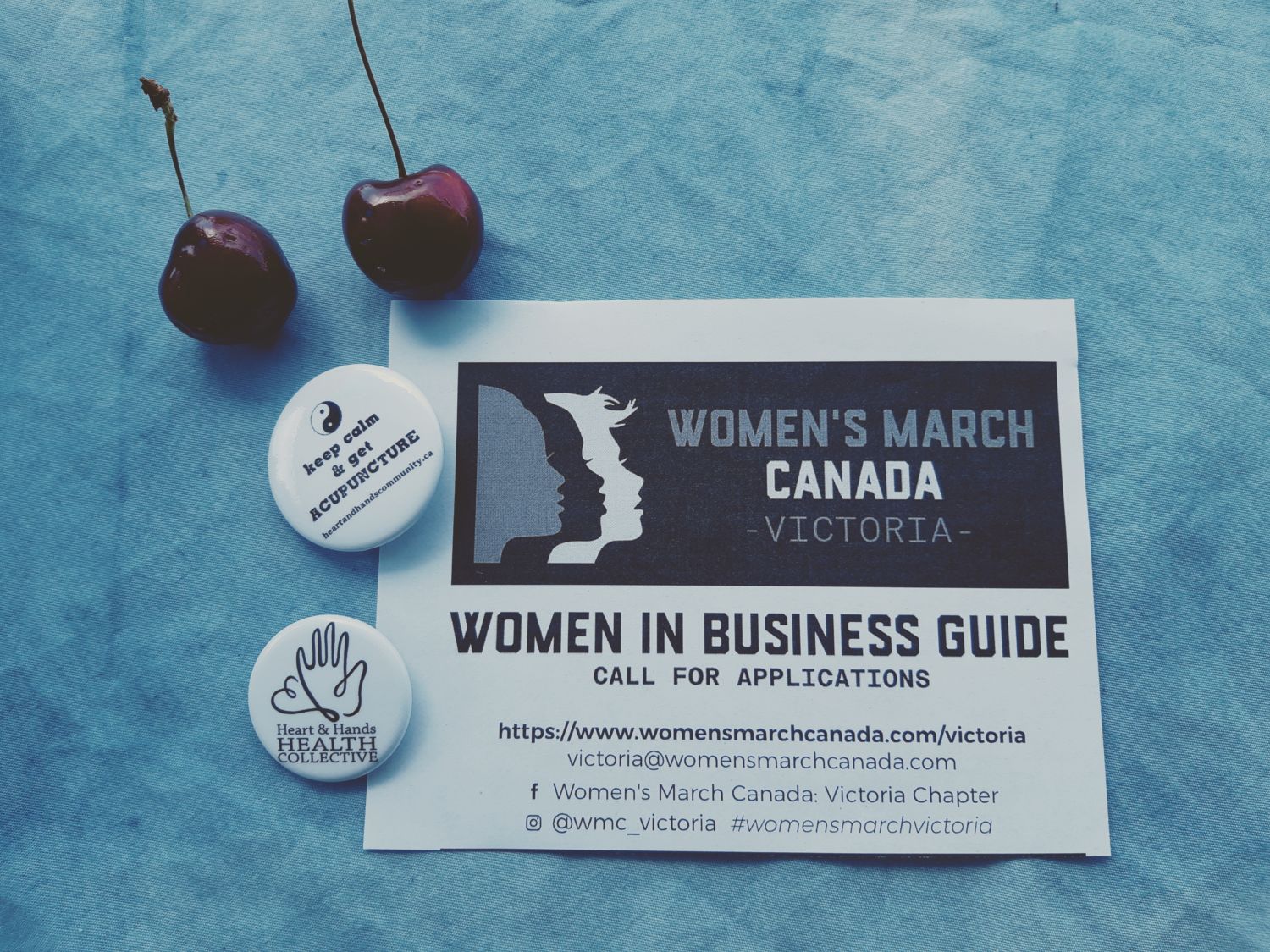 Women's March Canada, Victoria Chapter flyer, Women in Business Guide call for applications.